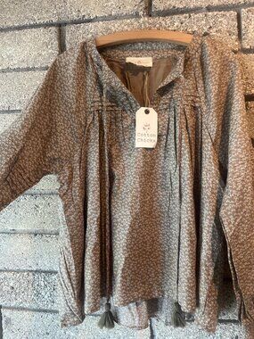 Cotton Chicks Brown Floral Boho Blouse With Tassels & Pleats - Womens Size Small